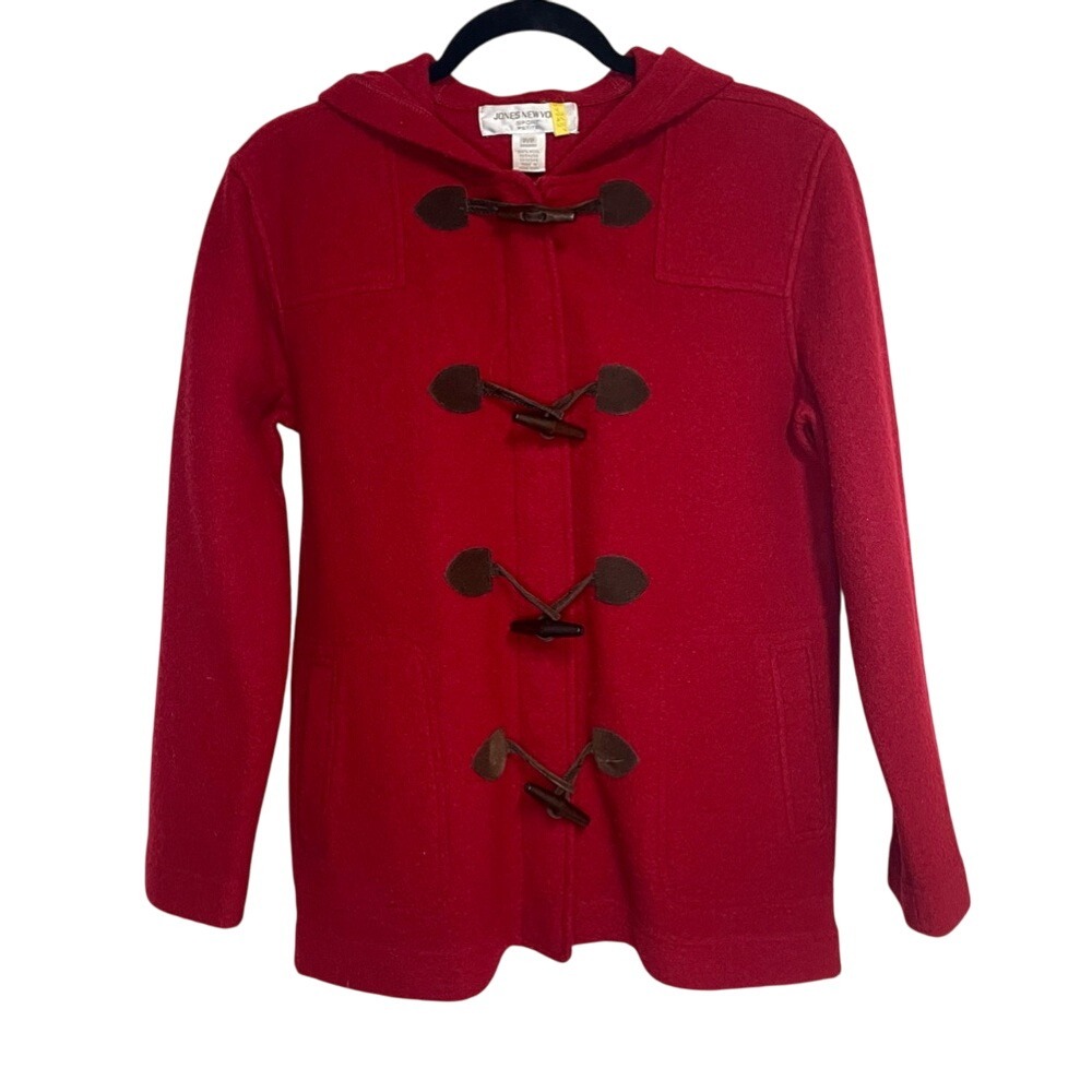 Jones New York Red Wool Hooded Jacket With‎ Wood Toggles Petite Small